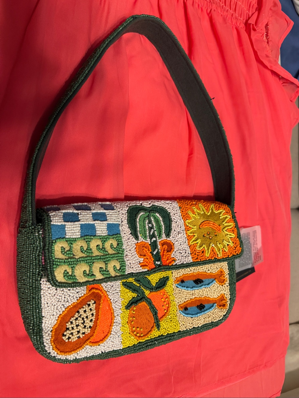 Beaded Tropical Summer and Fruity Motif Green Multi Color Shoulder bag